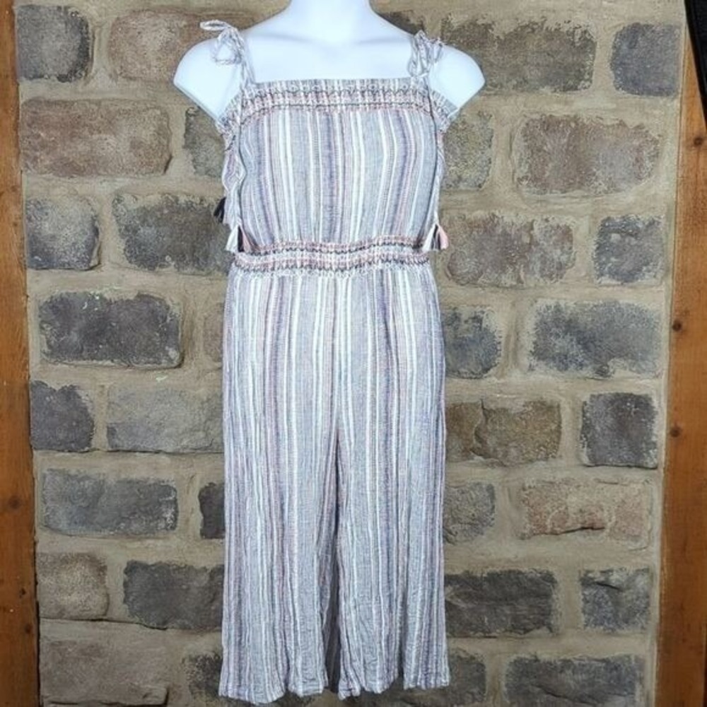 Storia Striped‎ Linen Blend Smocked Wide Leg Jumpsuit Blue Coral Boho Medium